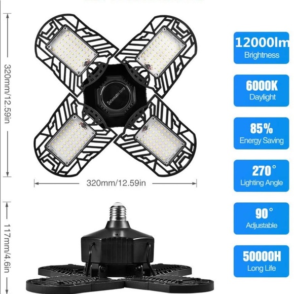 120W Deformable LED Garage Light, E27 Shop Lights Ceiling Light 6000k Warehouse - Picture 3 of 8